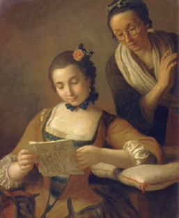Junge und alte Frau beim Lesen eines Briefes. van Pietro Antonio Conte Rotari