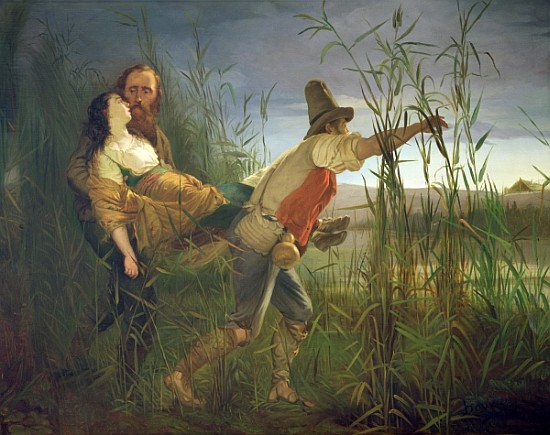 Garibaldi carrying his dying Anita through the swamps of Comacchio van Pietro Bauvier