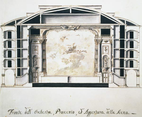 Cross section view of a theatre on the Grand Canal showing the stage and orchestra (Ausschnitt) van Pietro Bianchi