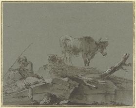 Zwei Hirten mit einer Kuh und zwei Schafen