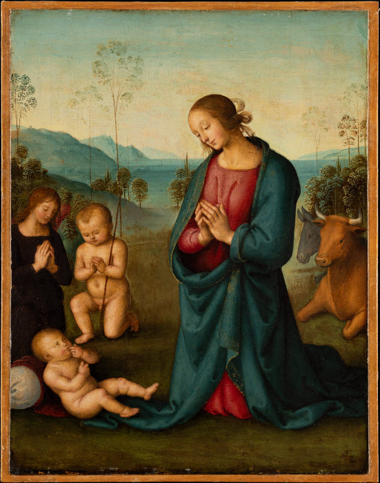 Madonna, the Infant St. John and an angel, worshiping the Christ Child van Pietro Perugino