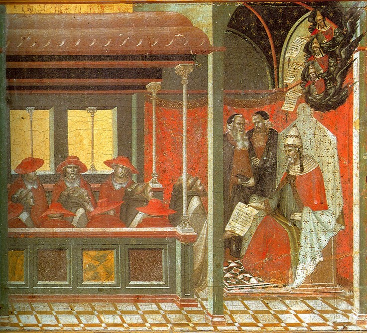 Pope John XXII Approving the Carmelite Rule (Predella panel) van Pietro Lorenzetti