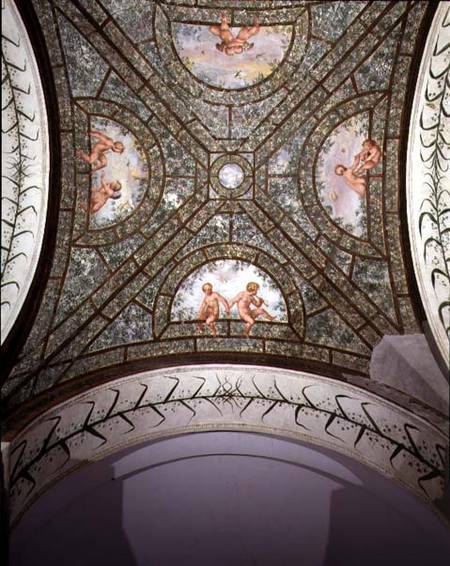 The semicircular ionic portico, detail of the ceiling vault decorated with putti in a garden van Pietro Venale