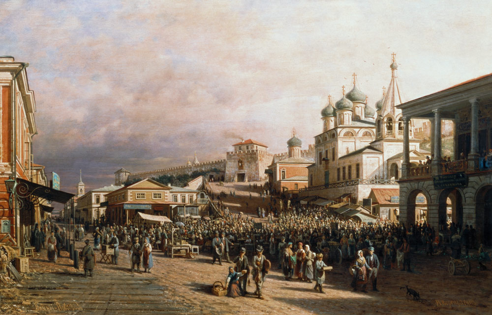 Market in Nishny, Novgorod van Piotr Petrovitch Weretshchagin