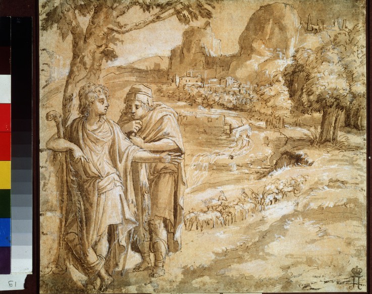 Shepherd and piligrim in a landscape van Pirro Ligorio