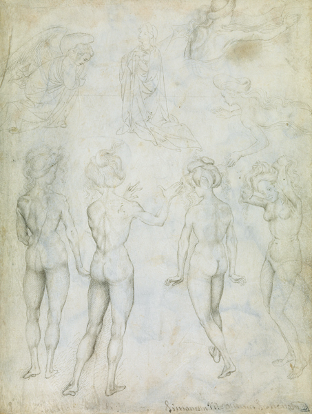 Four Studies of a Female Nude, an Annunciation and Two Studies of a Woman Swimming van Pisanello