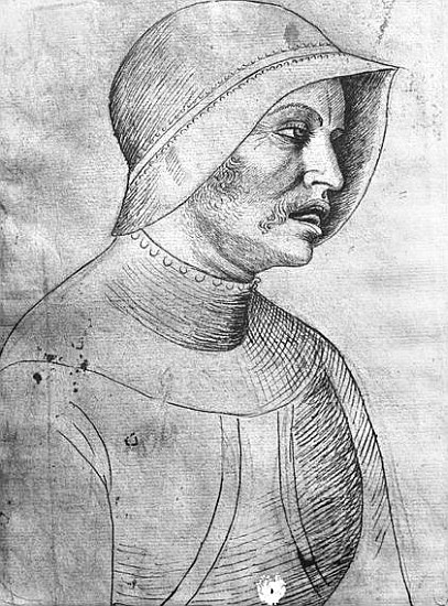 Soldier wearing a helmet, from the The Vallardi Album van Pisanello