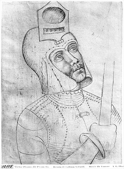Soldier wearing a visored helmet, from the The Vallardi Album van Pisanello