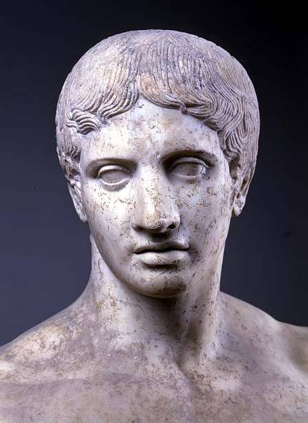Athlete, known as 'The Doryphorous', detail of head, Roman copy after an original van Polykleitos  in Pompeii