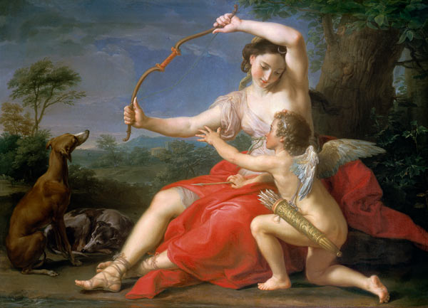 Diana breekt Cupido's boog van Pompeo Girolamo Batoni