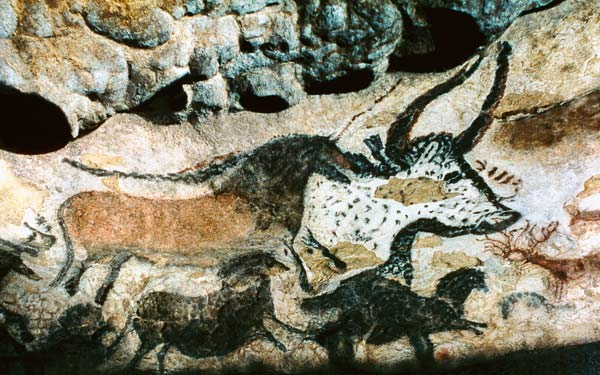 Rock painting of a bull and horses van Prehistoric