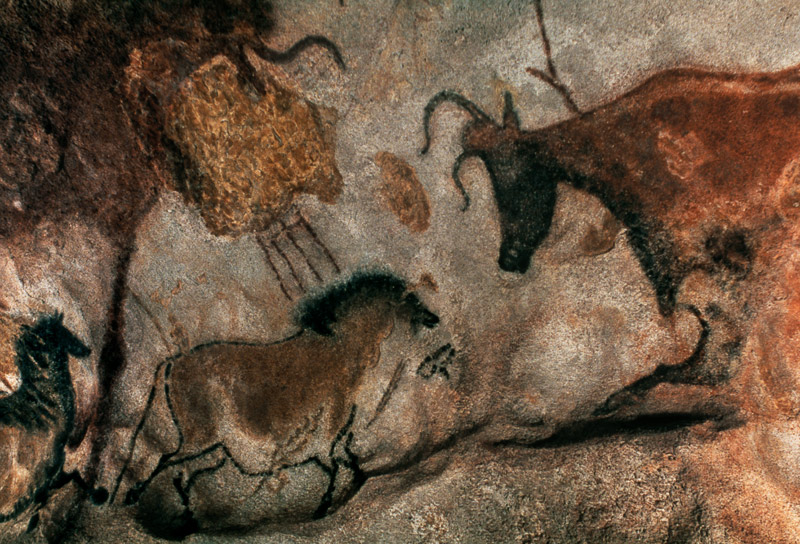 Rock painting showing a horse and a cow van Prehistoric