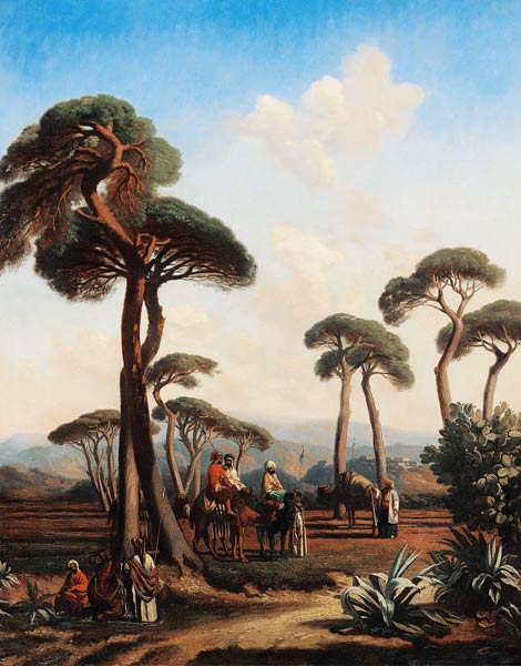 Arabs and Camels in Wooded Landscape van Prosper Marilhat