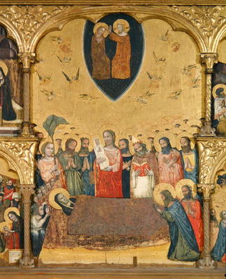 Polyptych of the Dormition of the Virgin, detail of the Dormition and Coronation (tempera on panel) van Pseudo Jacopino  di Francesco