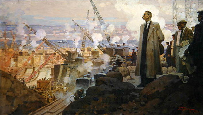 Maxim Gorky (1868-1936) at the Building of the Hydroelectric Power Plant 'DnieproGES', 1951 (oil on van Pyotr Ivanovich Kotov