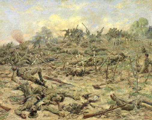 The Russian Infantry Attacking the German Entrenchments, 1918 (oil on canvas) van Pyotr Pavlovich Karyagin