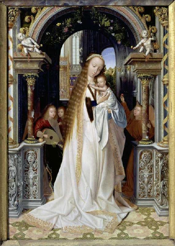 Die Jungfrau mit dem Kind und drei Engeln van Quinten Massys