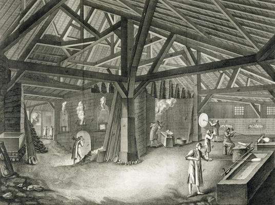Glassmaking factory, from the 'Encyclopedia' by Denis Diderot (1713-84), engraved by Robert Benard ( van Radel