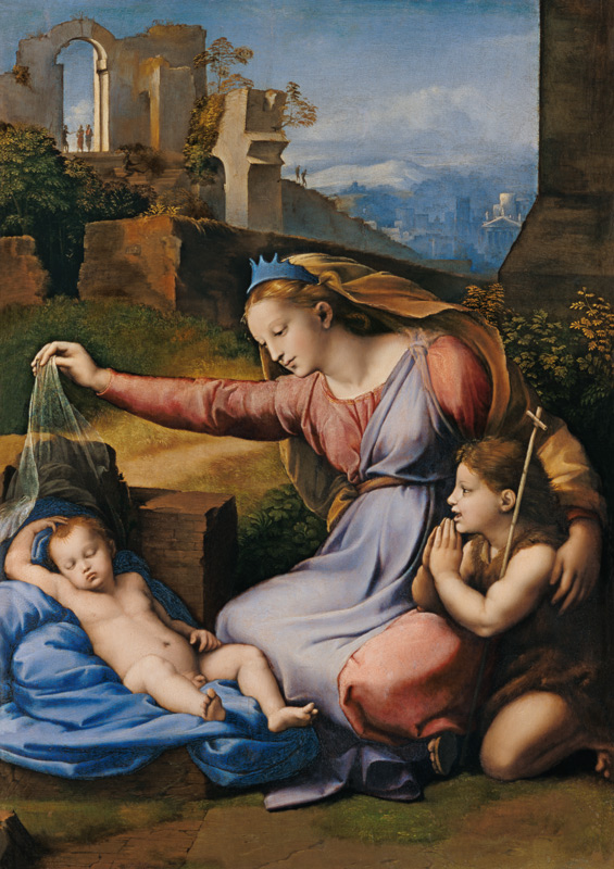 Madonna mit schlafenden Kind und hl. Johannes (Madonna mit dem Diadem) van (Raffael) Raffaello Santi