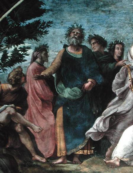 The Parnassus, detail of Homer, Dante and Virgil, in the Stanze della Segnatura van (Raffael) Raffaello Santi