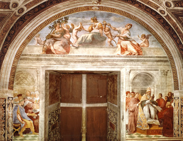 The Judicial Virtues: Pope Gregory IX approving the Vatical Decretals; Justinian handing the Pandect van (Raffael) Raffaello Santi