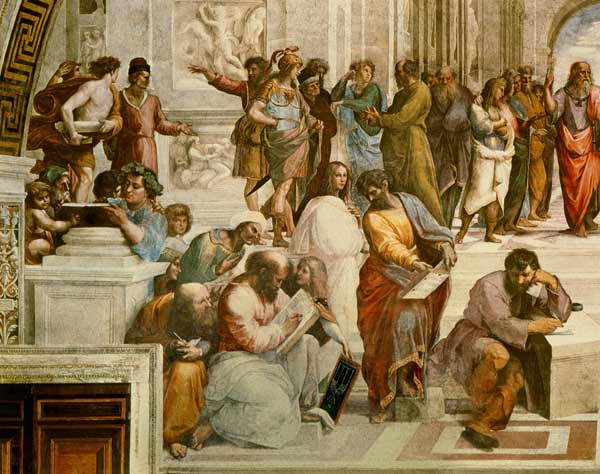 The School of Athens, detail from the left hand side showing Pythagoras surrounded by students and M van (Raffael) Raffaello Santi