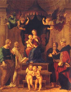 Thronende Madonna mit Kind, vier Heiligen und vier Engeln