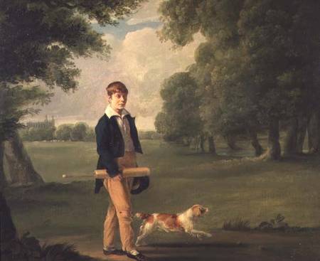 Young Man with a Cricket Bat Walking a Spaniel in the Grounds of Eton College van Ramsey Richard Reinagle
