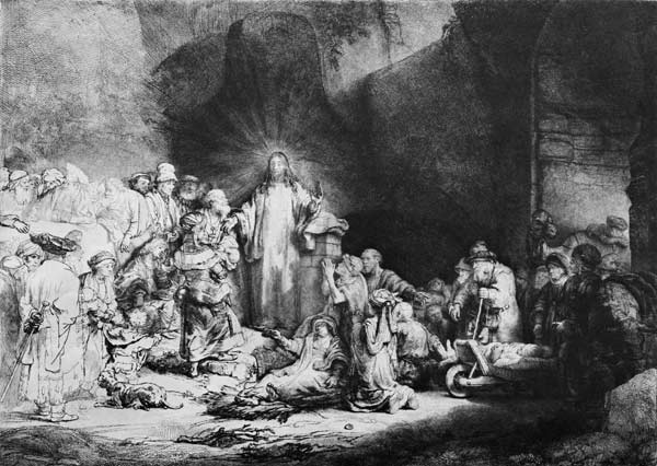 Jezus geneest de zieken -  Honderd guldenprent  van Rembrandt van Rijn