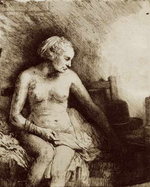Nackte Frau auf einer Bank van Rembrandt van Rijn