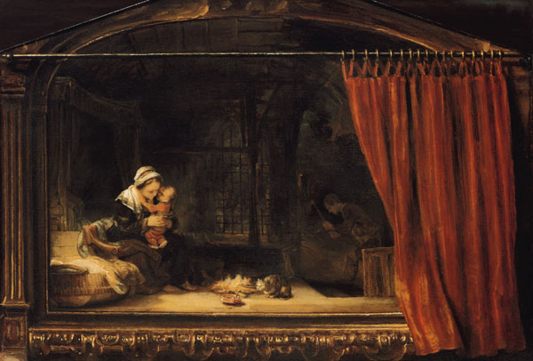 De heilige familie met een gordijn (de zogenaamde houthakkersfamilie)  van Rembrandt van Rijn