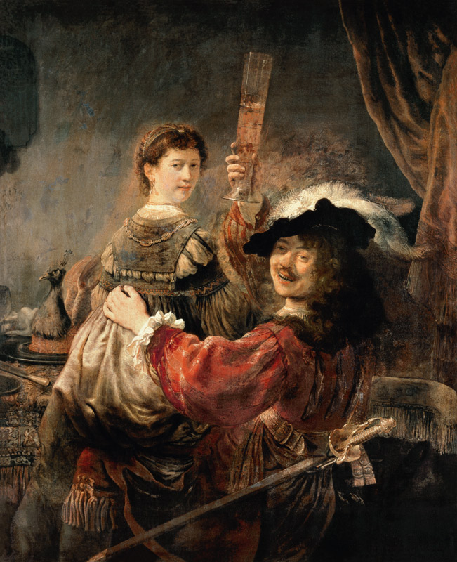 Zelfportret van de kunstenaar met zijn jonge vrouw Saskia  van Rembrandt van Rijn