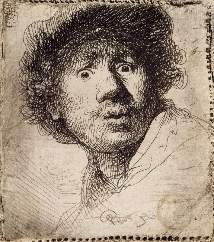 Self-Portrait in a cap, wide-eyed and open-mouthed van Rembrandt van Rijn