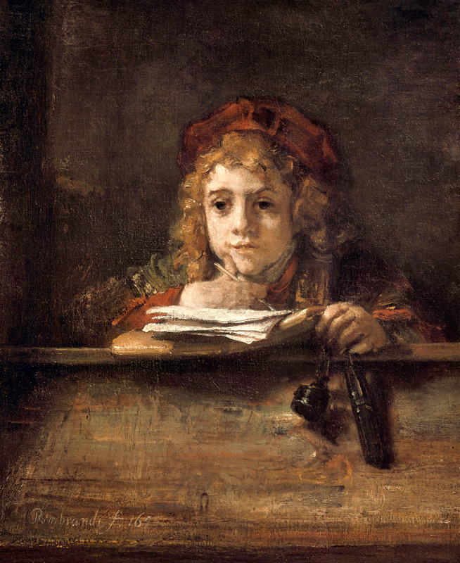 Titus schrijvend aan tafel van Rembrandt van Rijn