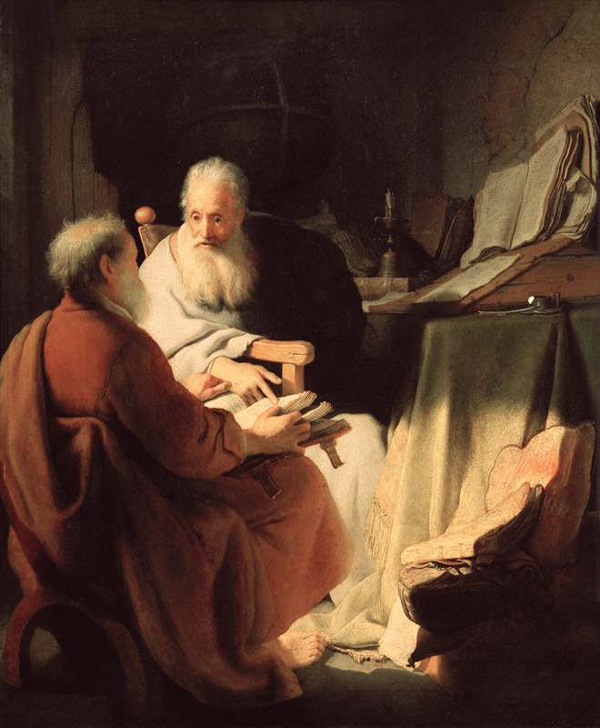 Twee oude mannen in gesprek  van Rembrandt van Rijn