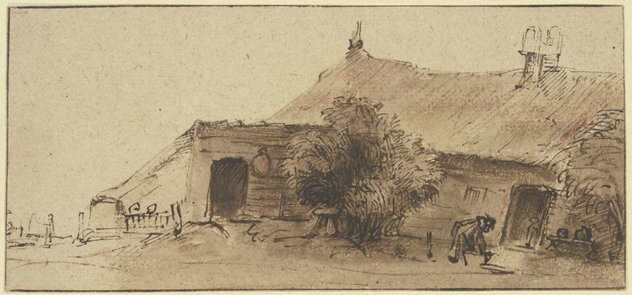 Bauernhaus, davor ein Baum und eine sich bückende Figur van Rembrandt van Rijn