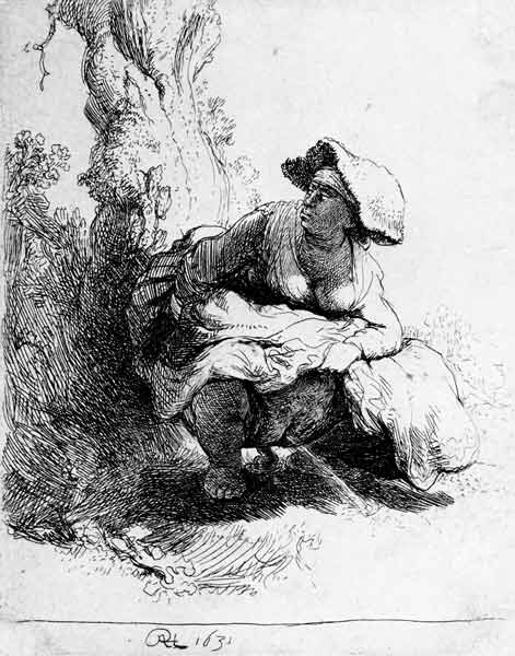 Plassende vrouw bij een boom  van Rembrandt van Rijn