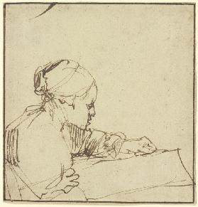 Halbfigur einer im Profil nach rechts sitzenden jungen Frau, die in einem Buch liest