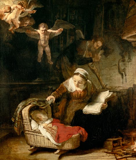 Die heilige Familie mit den Engeln - Ausschnitt van Rembrandt van Rijn