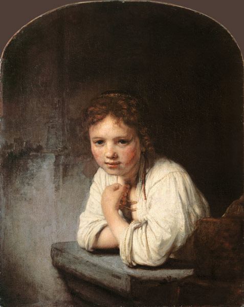 Jong meisje leunend op een vensterbank van Rembrandt van Rijn