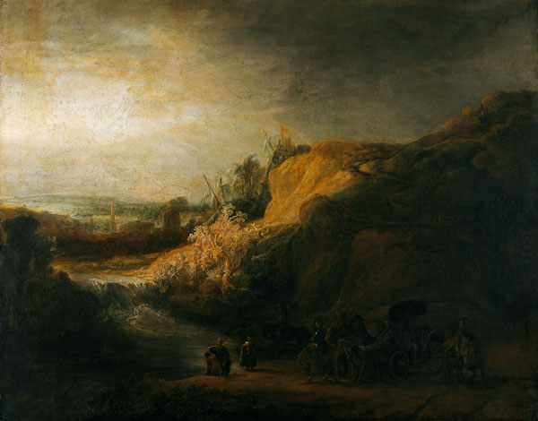 Landscape with the baptism of the Eunuch van Rembrandt van Rijn