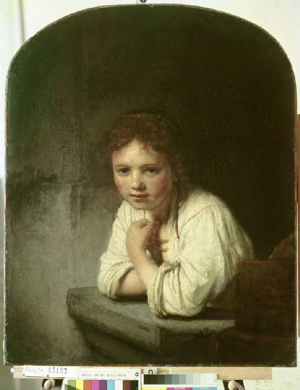 Mädchen, sich auf eine Fensterbrüstung lehnend van Rembrandt van Rijn
