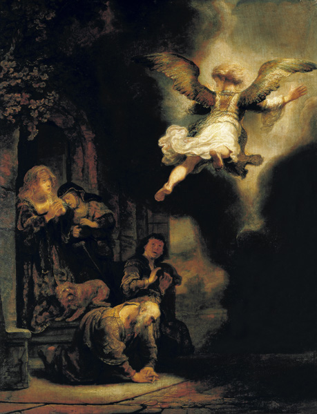 Der Erzengel Raphael verlässt die Familie des Tobias. van Rembrandt van Rijn