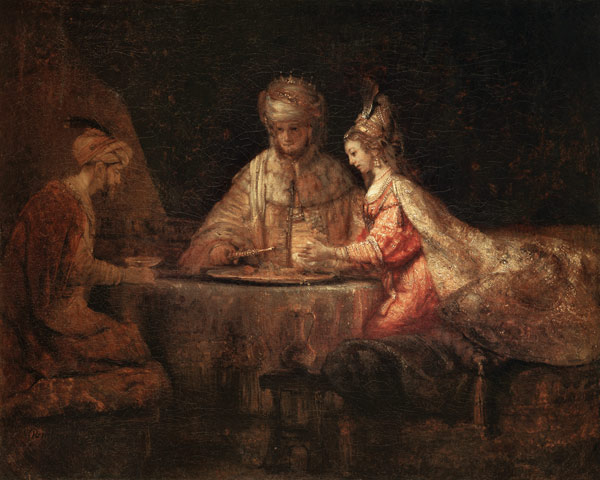 Ahasuerus, Haman and Esther van Rembrandt van Rijn