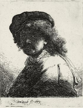 Self-Portrait in a Cap and Scarf with the Face Dark