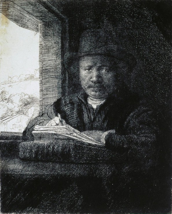 Self-Portrait Drawing by a Window van Rembrandt van Rijn