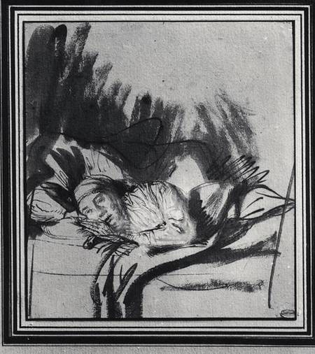Sick woman in a bed, maybe Saskia, wife of the painter van Rembrandt van Rijn