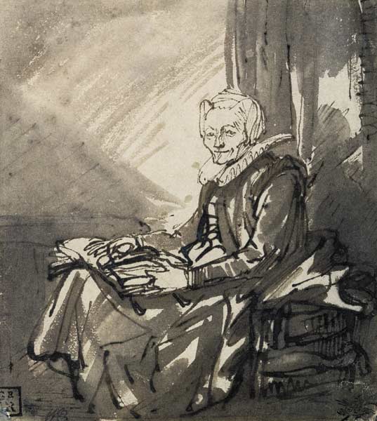 Woman with an Open Book on her Lap van Rembrandt van Rijn