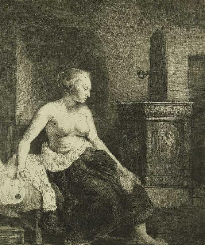 Sitzende Frau an einem Ofen van Rembrandt van Rijn