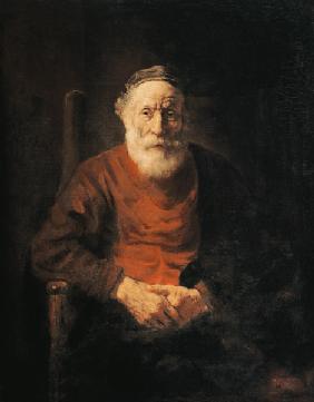 Portret van een oude man in een rood gewaad